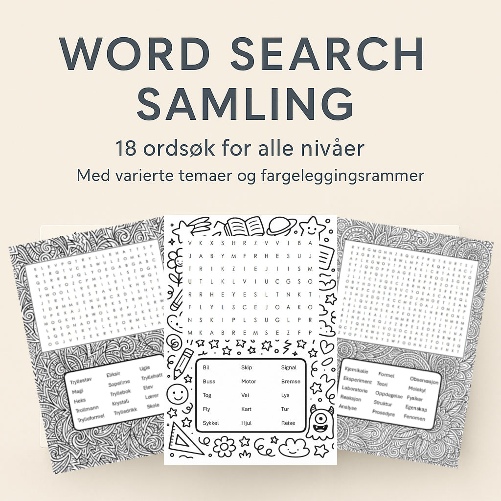 Word Search Samling – 18 ordsøk for alle nivåer